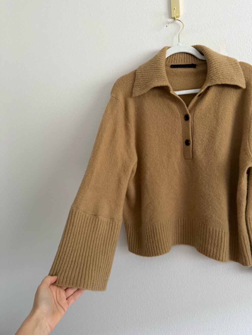 Jenni Kayne cashmere Stevie polo sweater Sz S in camel EUC ( altered sleeves) - Picture 6 of 10